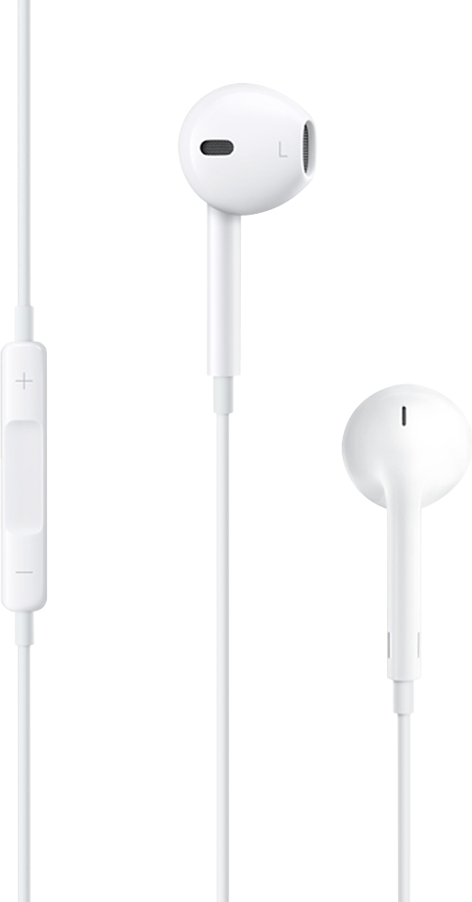 Weiße Apple EarPods mit Steuermodul. Die EarPods vor schwarzem Hintergrund.