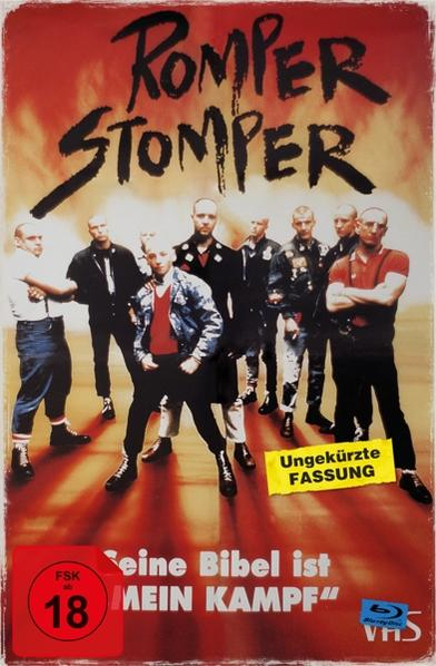 Filmcover 'Romper Stomper': Glatzköpfe, Titel, 'Mein Kampf'-Zitat, FSK18-Rating.