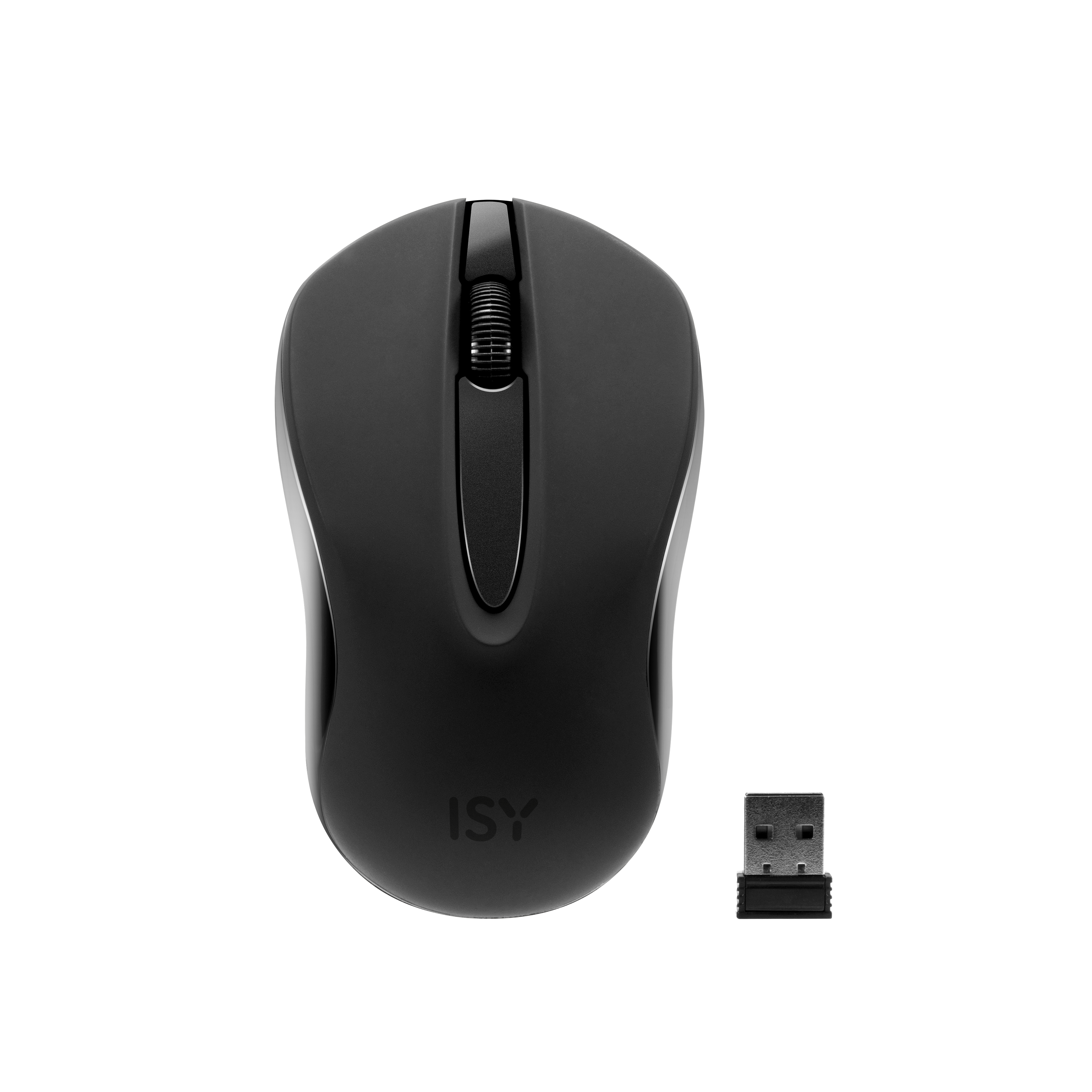 Une souris d'ordinateur noire avec une molette et la marque "ISY" en bas.