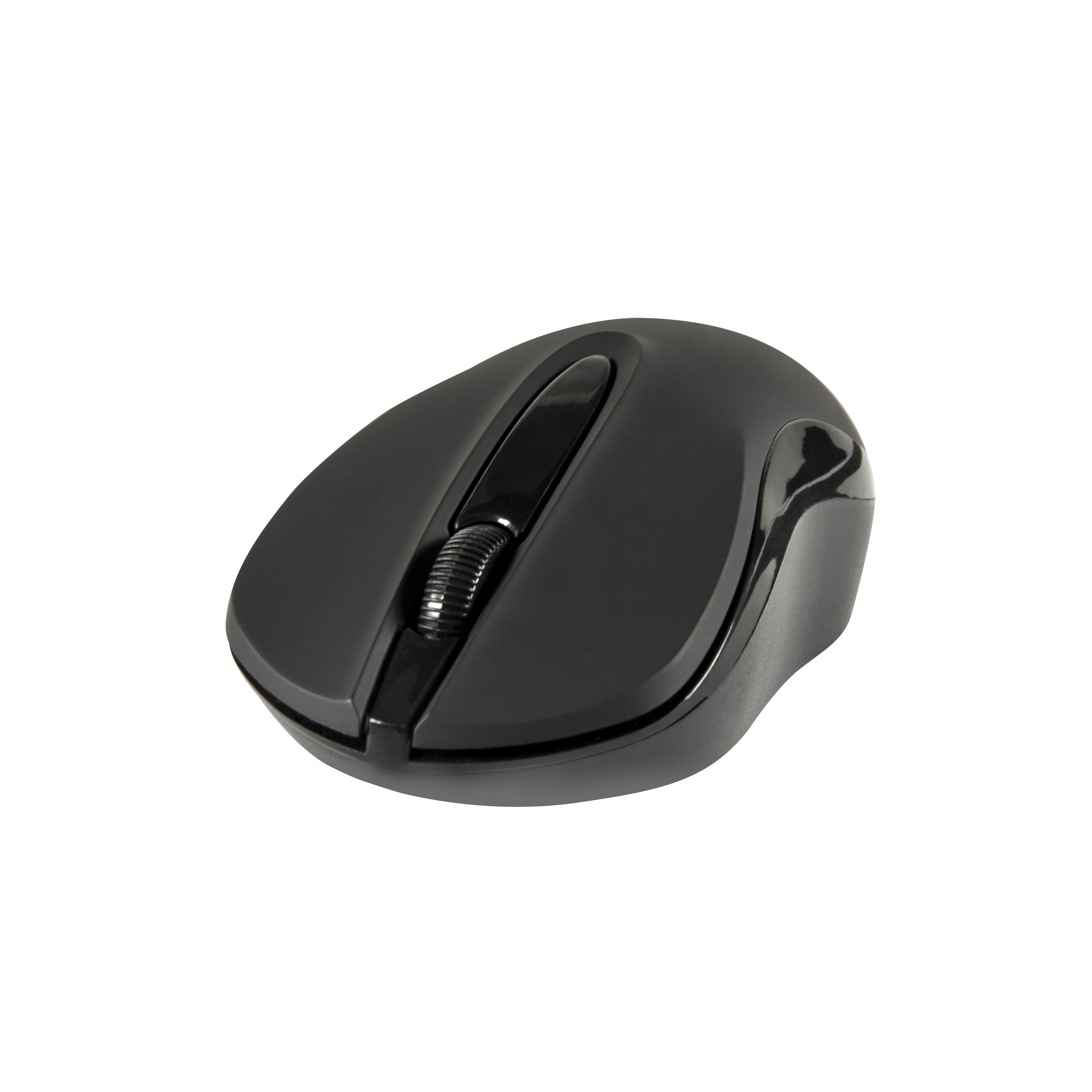 Souris d'ordinateur noire. Molette de défilement au centre. Surface brillante.