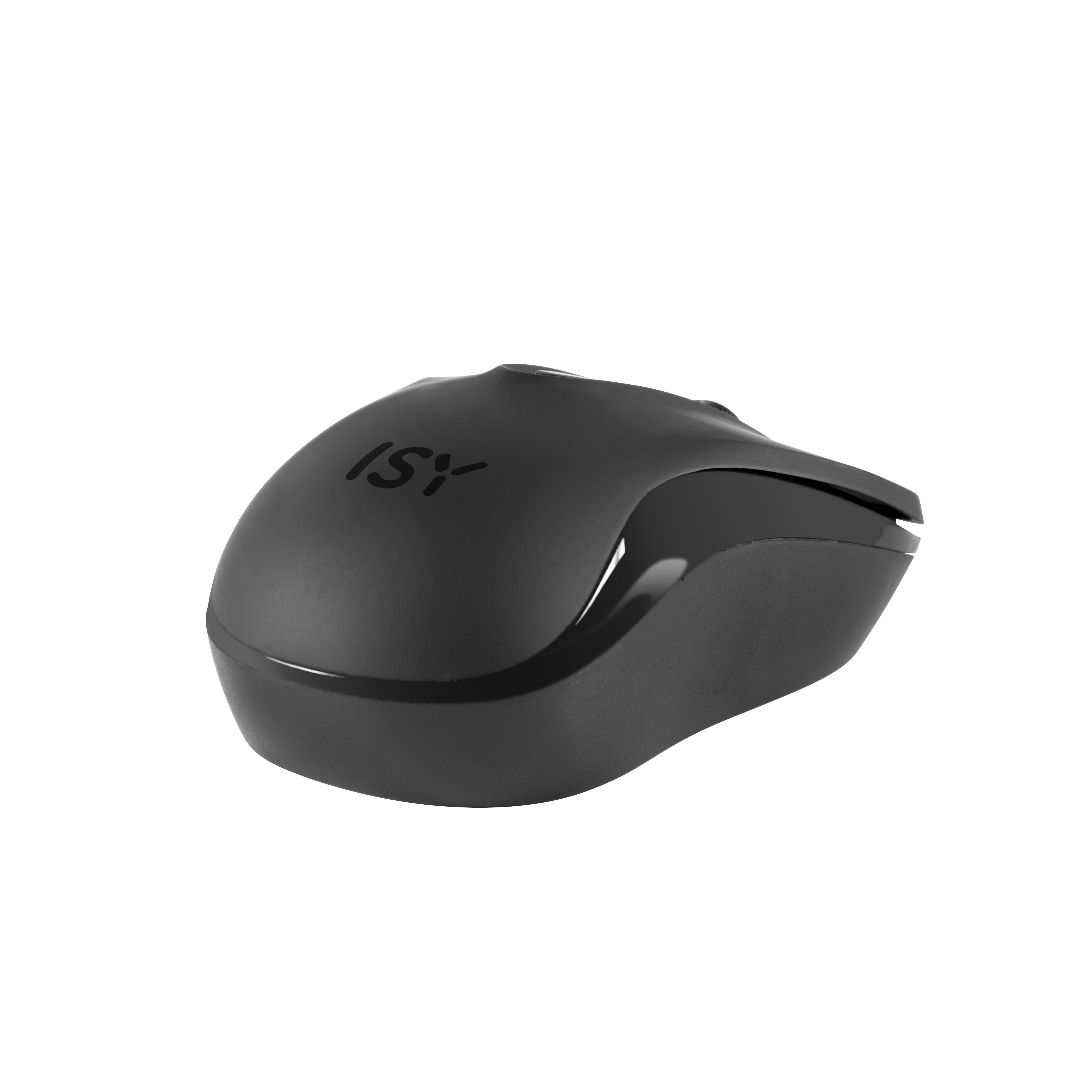 Souris d'ordinateur noire avec le logo 'ISY' sur un fond noir.