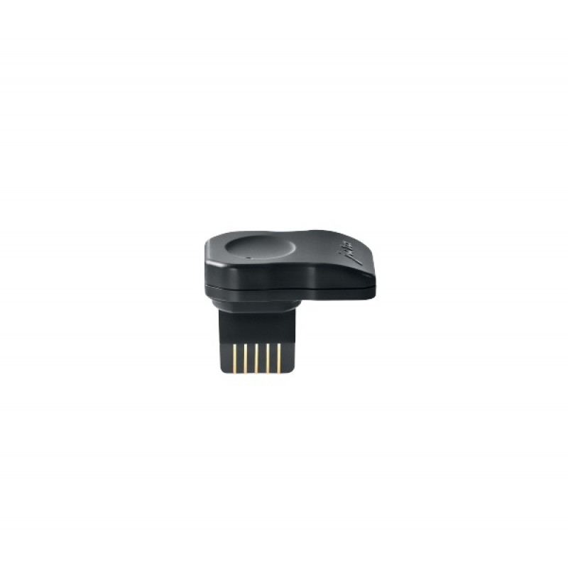 Un adaptador USB rectangular negro con pines dorados.