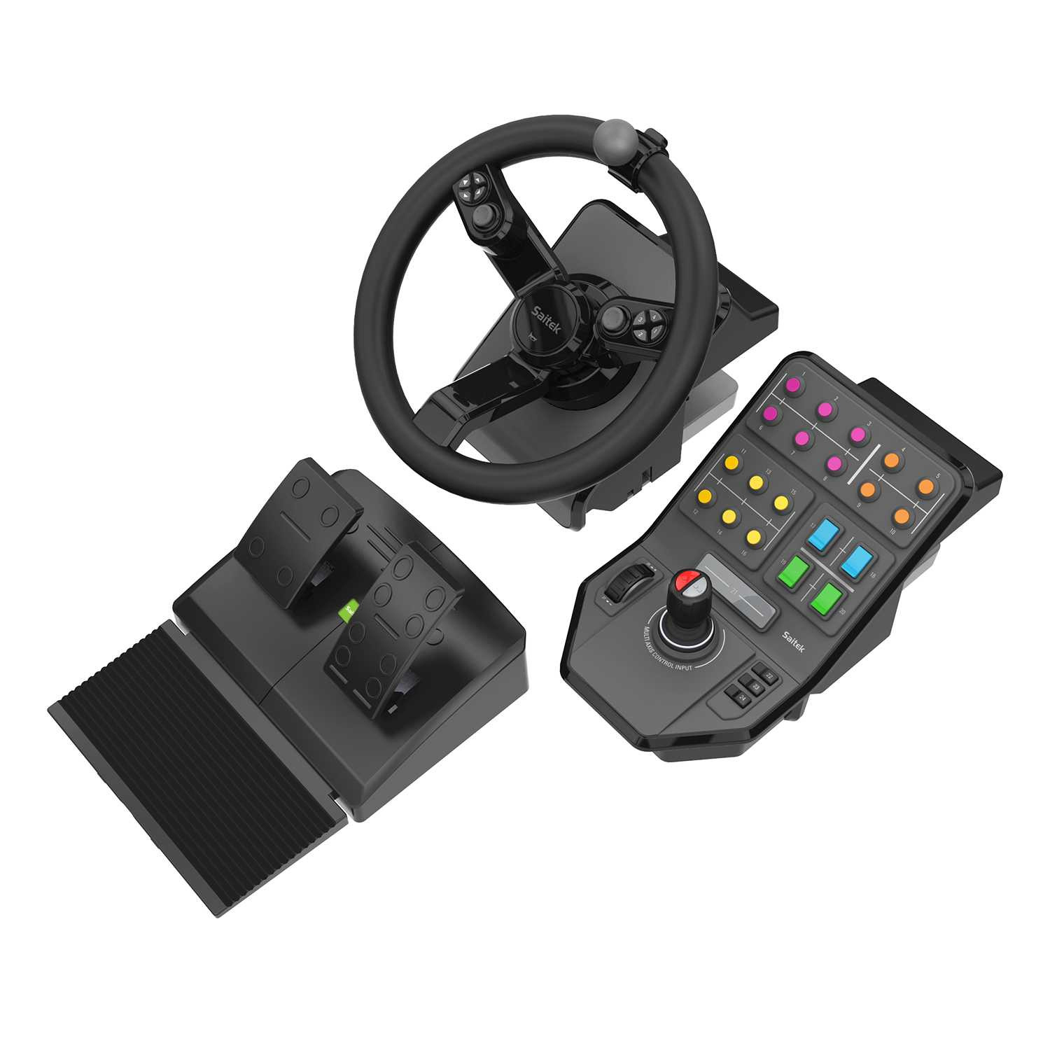 Un volant noir, des pédales et un panneau de contrôle pour un simulateur agricole.