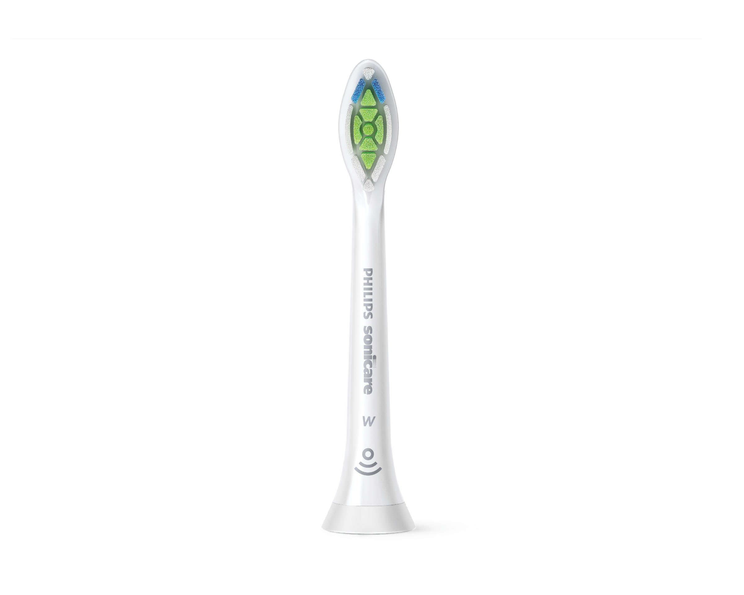 Philips Sonicare Zahnbürstenkopf, weiß mit grünen und blauen Borsten. Weißer Hintergrund.