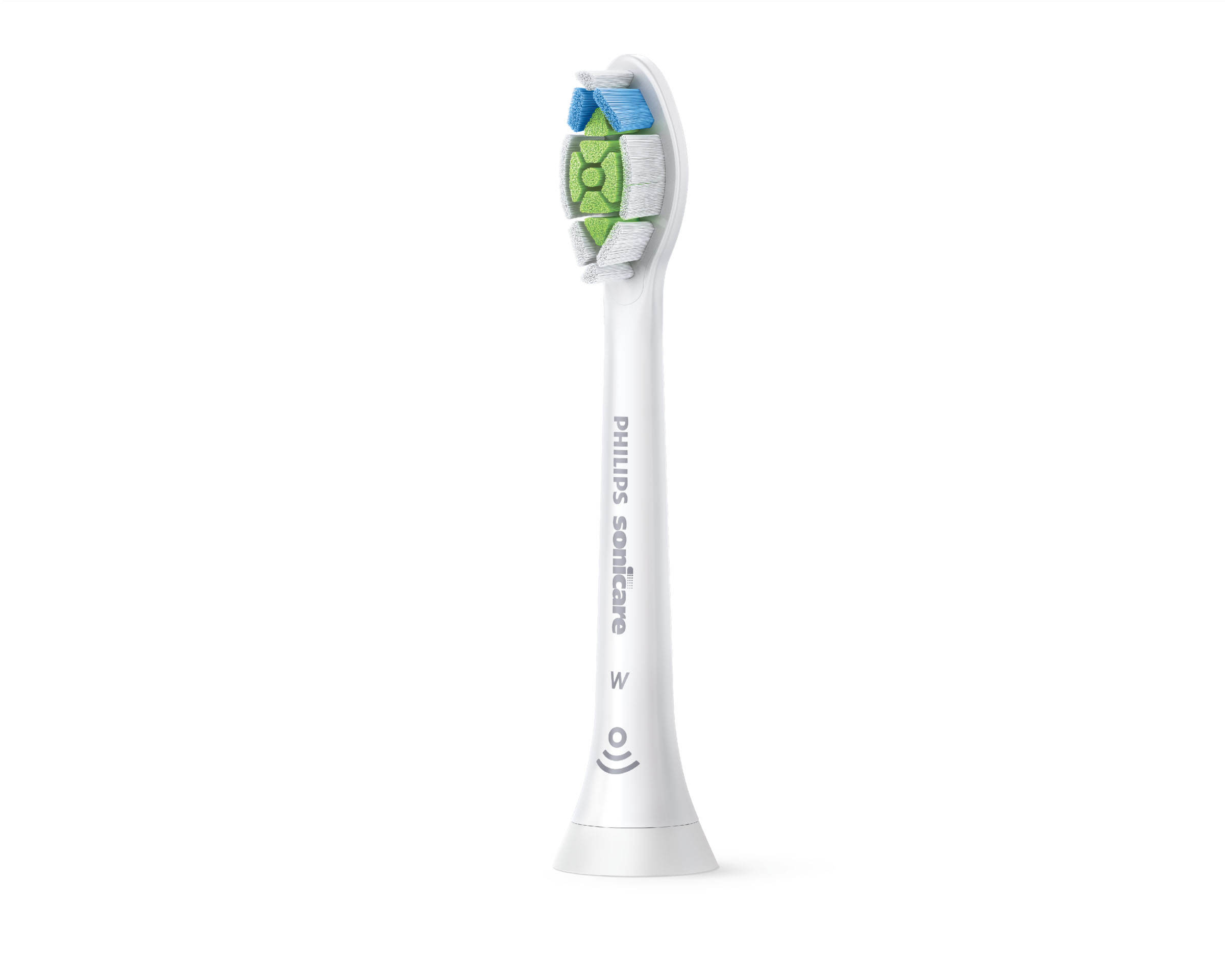 Ein weißer Zahnbürstenkopf mit blauen, grünen und weißen Borsten. Das Philips Sonicare Logo ist sichtbar.