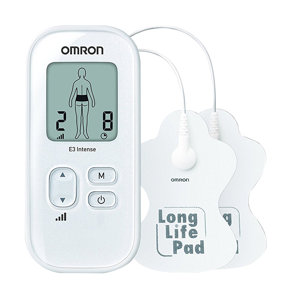 Fehér Omron E3 Intense készülék párnákkal. A képernyő testábrát és számokat mutat. Két párna csatlakoztatva.