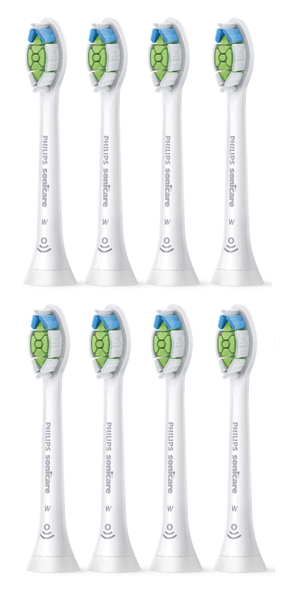Acht weiße Philips Sonicare Zahnbürstenköpfe werden angezeigt.