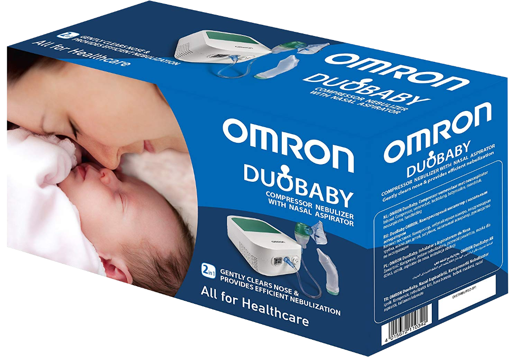 Doboz, amely az Omron DuoBaby kompresszoros porlasztót mutatja egy babával és egy anyával.