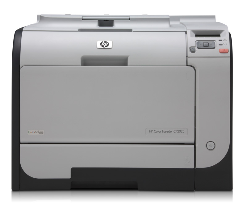 HP Color LaserJet CP2025 yazıcı, gri ve siyah, HP logosuyla.