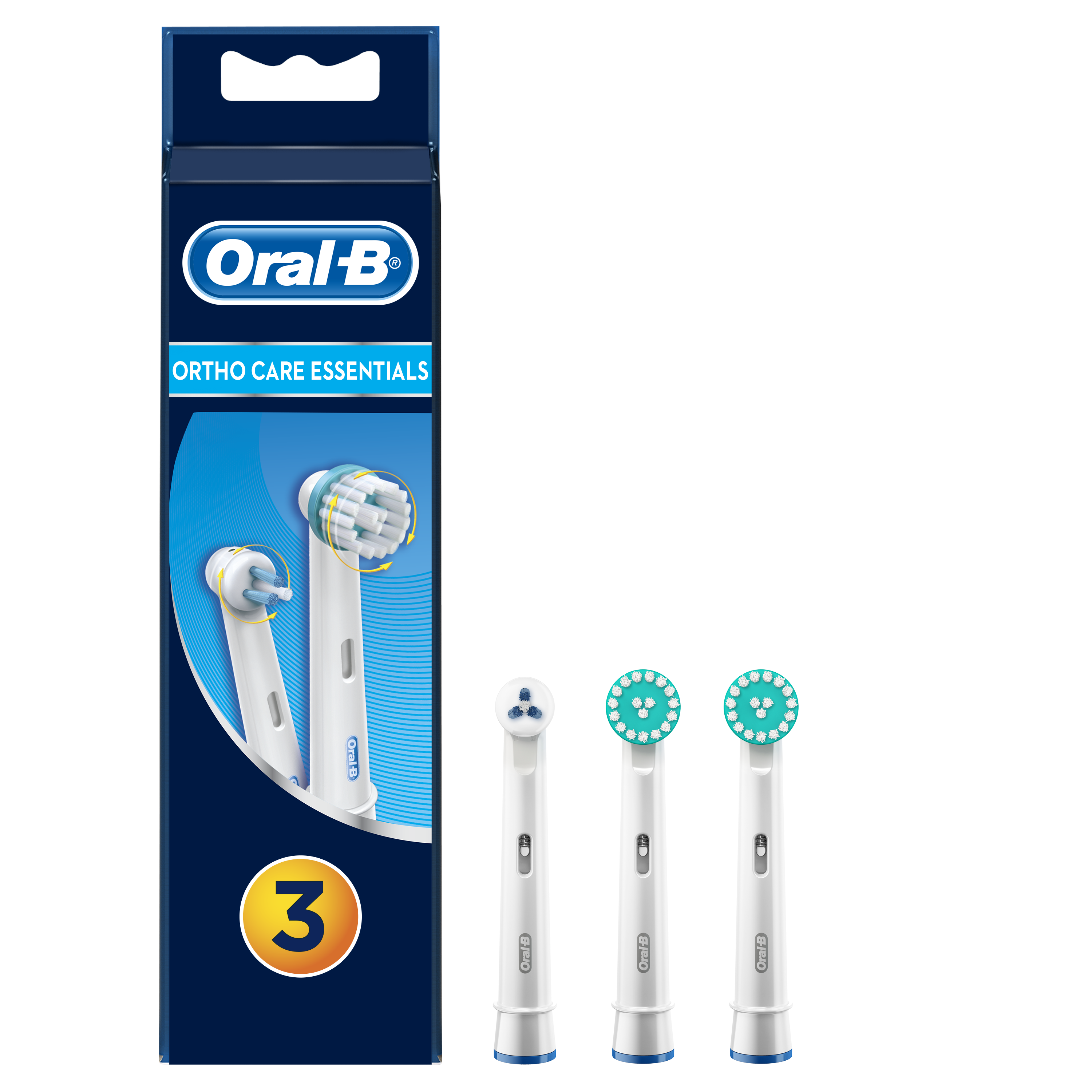 Oral-B Ortho Care Essentials Zahnbürstenköpfe-Packung mit drei Ersatzköpfen.