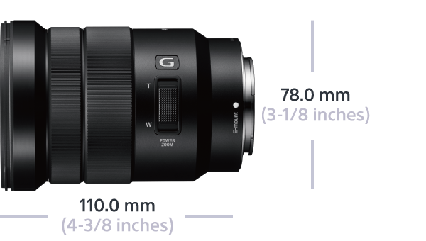 Ein schwarzes Kameraobjektiv mit Millimeter-Messungen. Es hat die Bezeichnung 'Power Zoom'.