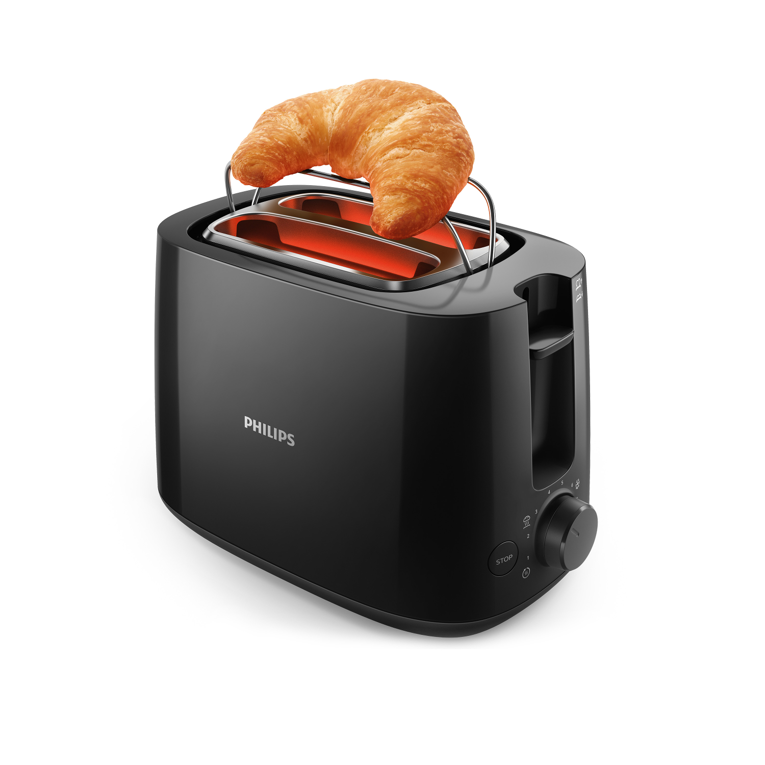 Üzerinde kruvasan bulunan siyah bir tost makinesi. Tost makinesinin içi kırmızı parlıyor.