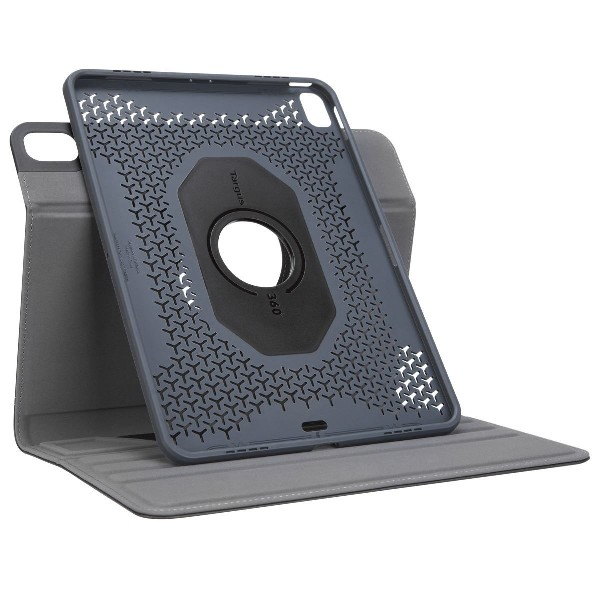 Graues Tablet-Case mit drehbarem Ständer und Tablet im Inneren.