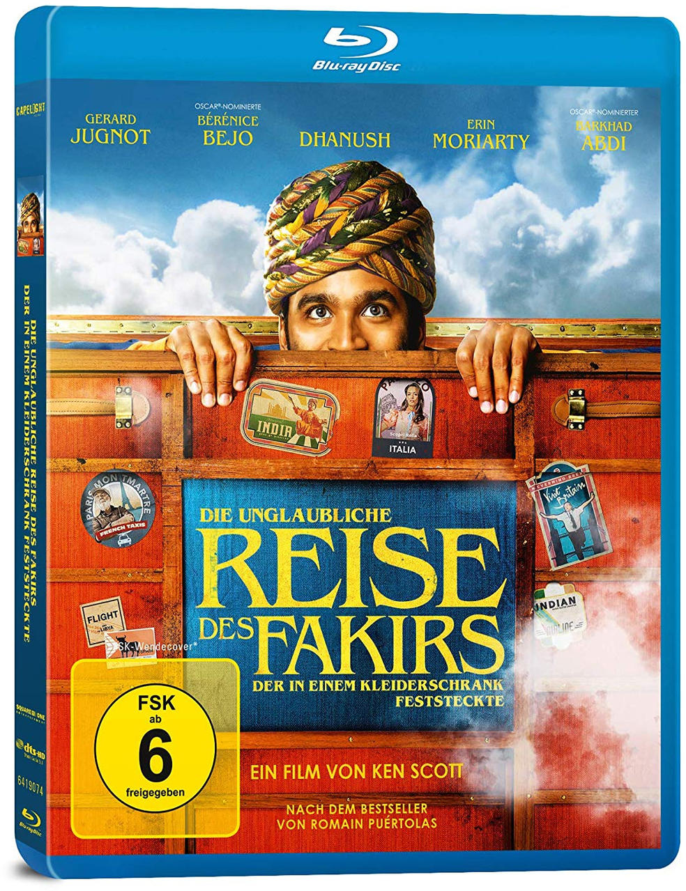 Blu-ray-Cover für 'Die unglaubliche Reise des Fakirs'. Zeigt einen Mann mit Turban in einem Koffer.