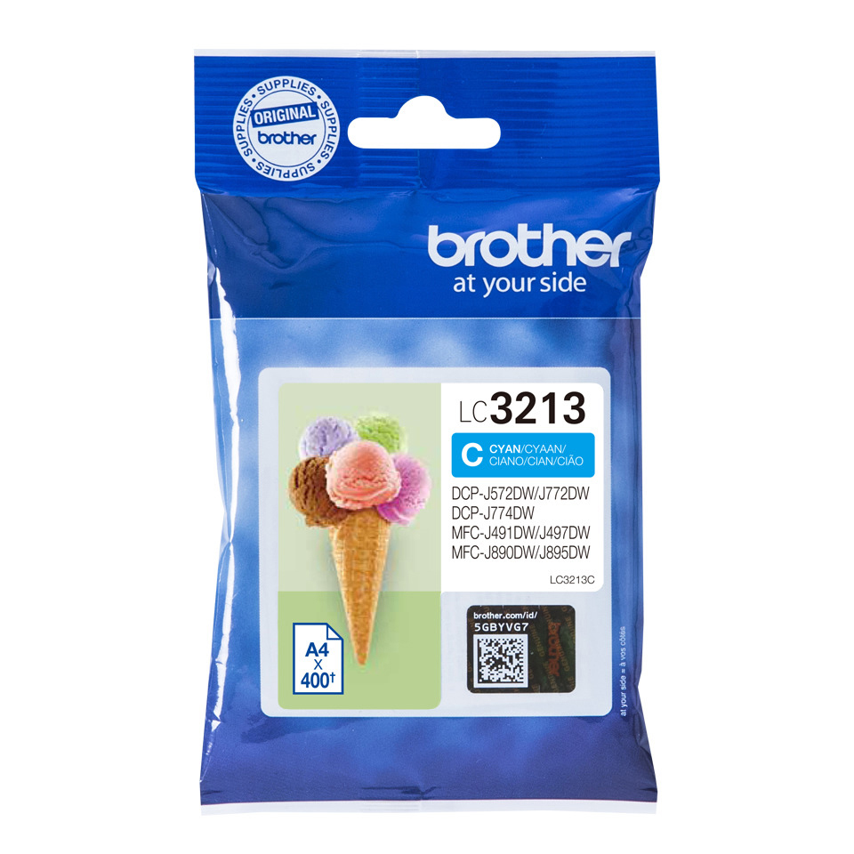 Blaues Brother-Tintenpatronenpaket mit Eiswaffel-Illustration. Enthält cyanfarbene Tinte.