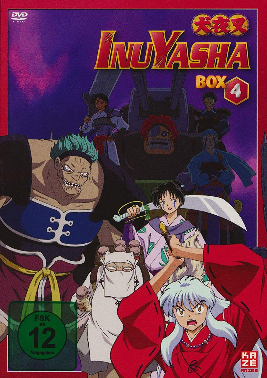 DVD-Hülle: Inuyasha-Anime-Charaktere, mit rotem Hintergrund und Boxnummer 4.