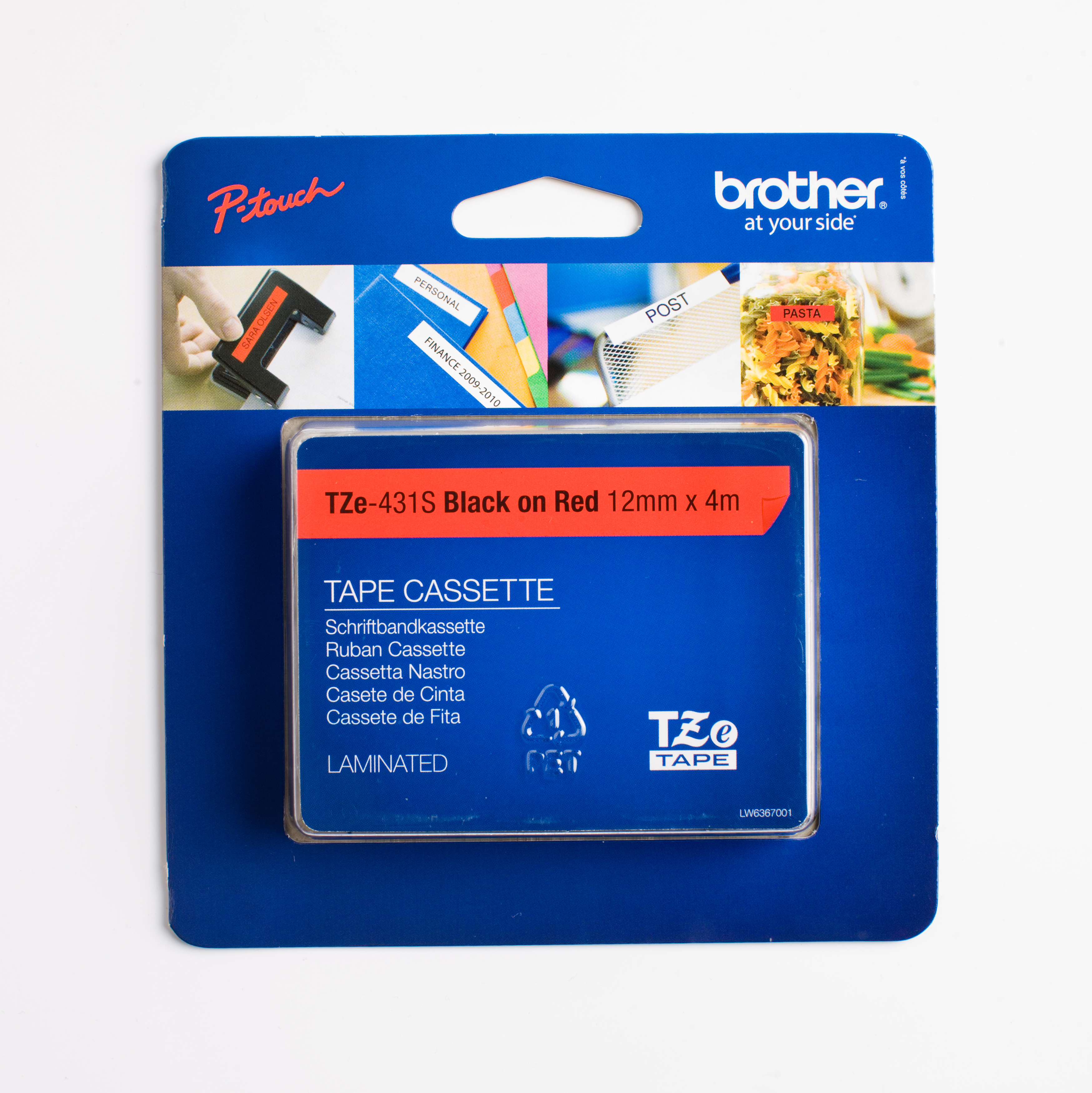 BROTHER TZe-431S Schwarze Schrift auf rotem Hintergrund 