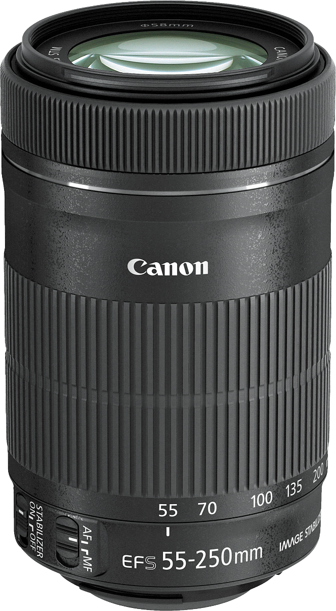 Objectif d'appareil photo Canon noir. Logo Canon argenté. Corps cannelé noir et bagues de réglage. Chiffres sur l'objectif.