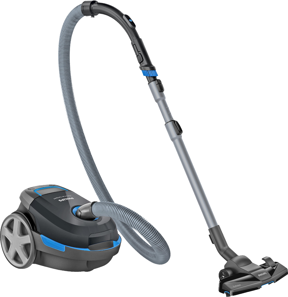 Ein Philips Staubsauger auf schwarzem Hintergrund. Er hat einen grauen Schlauch, einen schwarzen und grauen Körper mit blauen Akzenten.