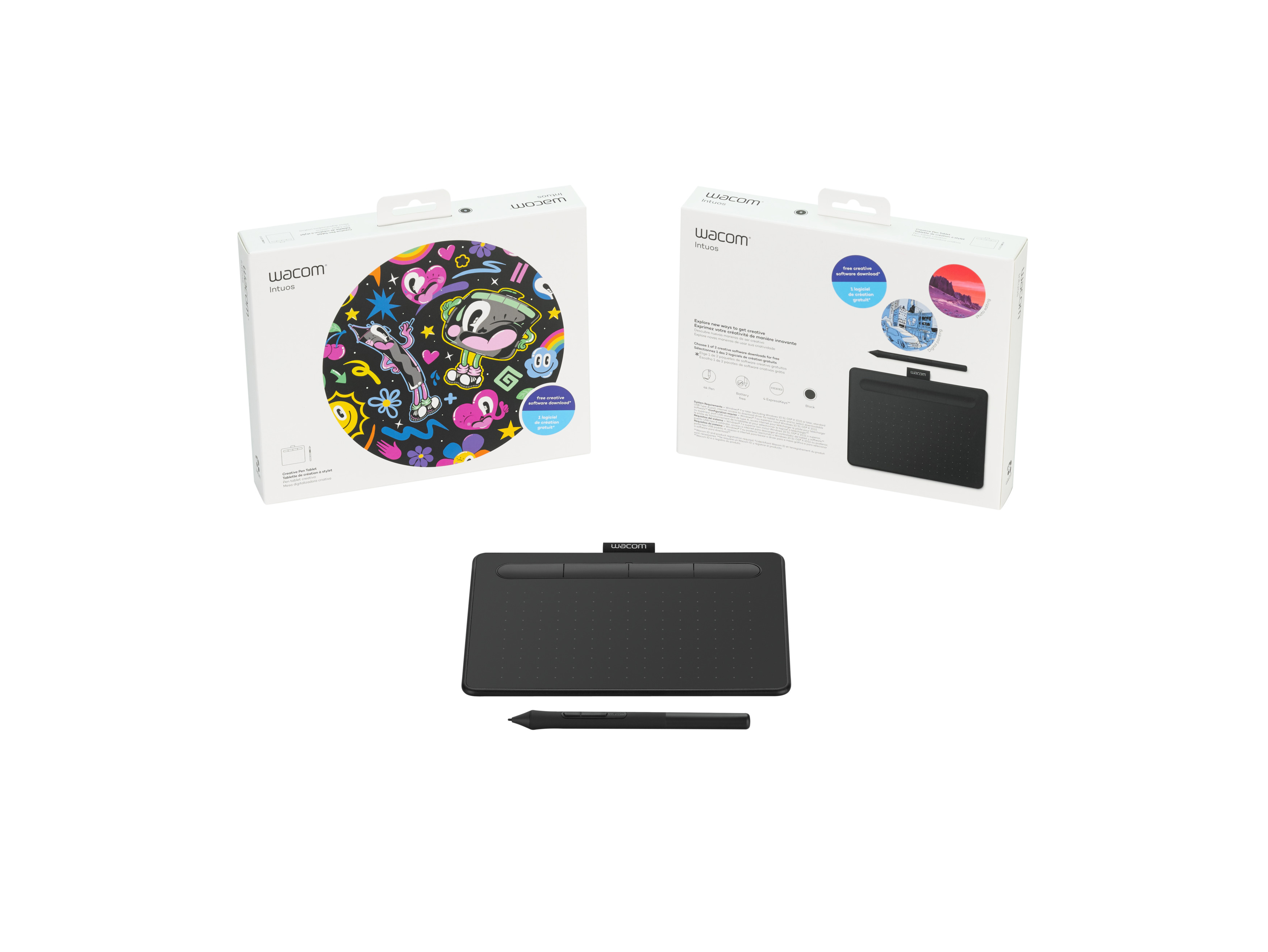 Wacom Tablet, Stift und Boxen. Eine Box zeigt Cartoon-Kunst, die andere ein Produktbild.