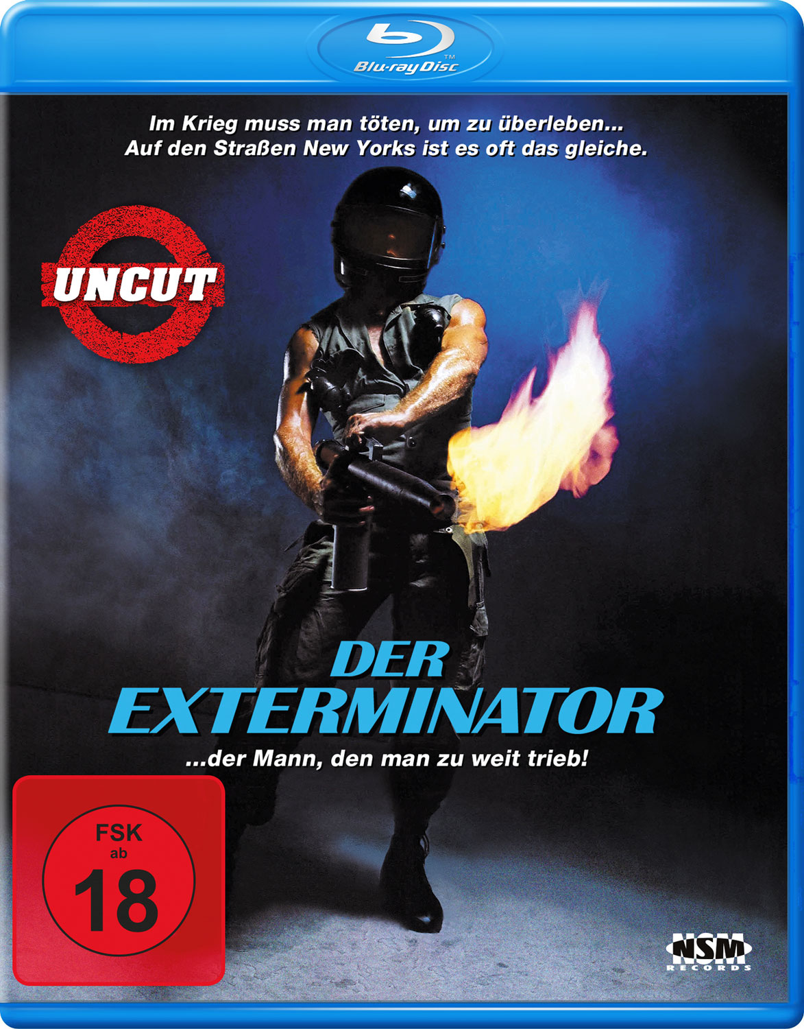 Filmposter für 'Der Exterminator'. Mann in Militäruniform mit Flammenwerfer. Blauer Hintergrund.