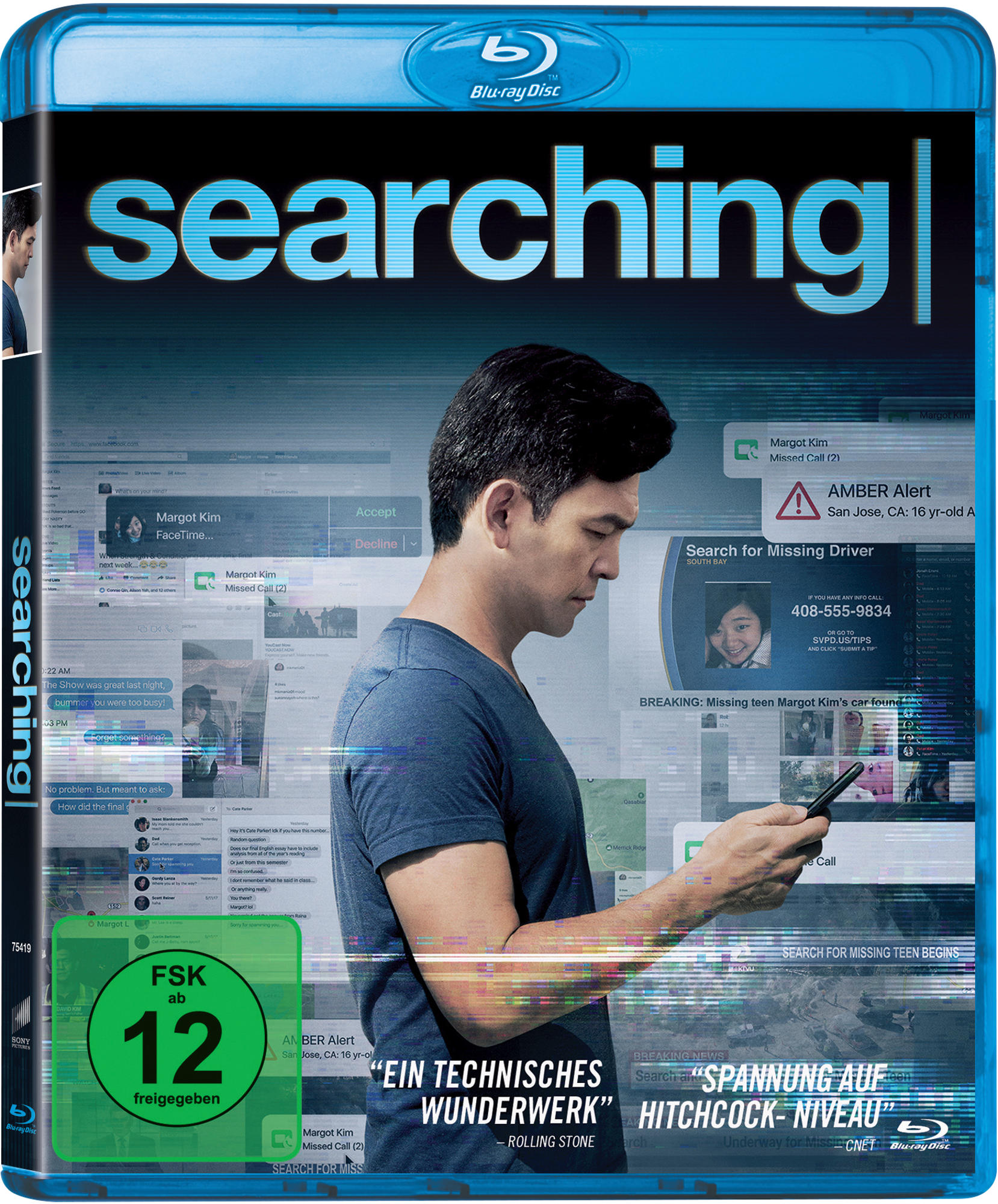 Die Blu-ray-Hülle des Films 'Searching' mit einem Mann, der auf sein Telefon schaut.