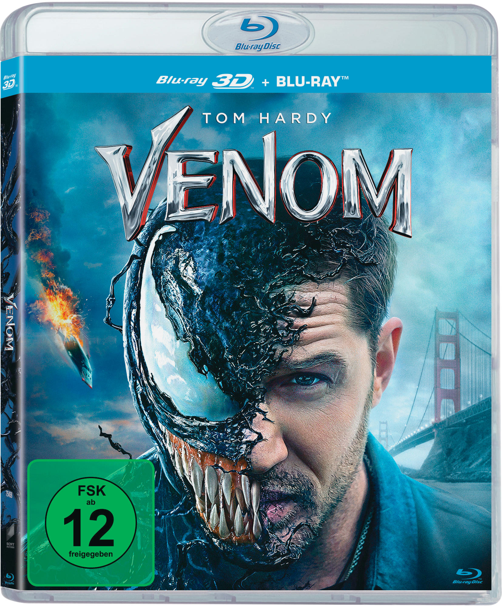 Ein Blu-ray-Filmcover mit dem Gesicht von Tom Hardy und dem Titel "VENOM".