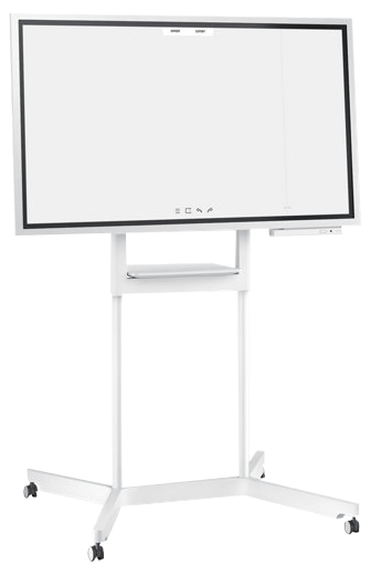 Ein weißes, mobiles Whiteboard mit einem großen Bildschirm und einem Ständer.