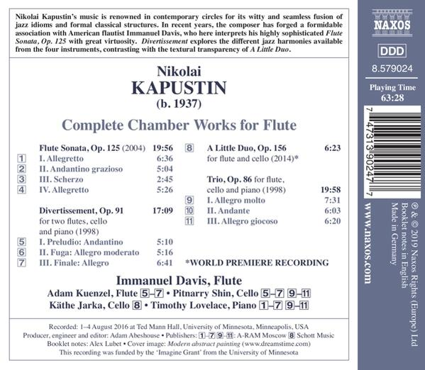 Die Rückseite einer CD-Hülle mit Text über Nikolai Kapustins Musik und der Titelliste.