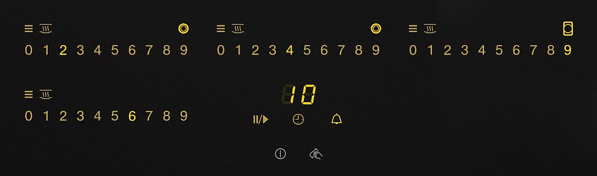 Panneau noir avec affichage numérique '10'. Il comporte des icônes de contrôle et des chiffres de 0 à 9, des symboles de four.