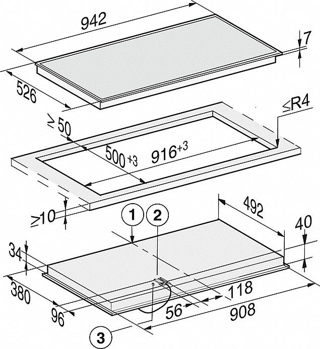Diagramme éclaté d'une table de cuisson rectangulaire avec dimensions. Montre trois couches avec mesures et points de référence.