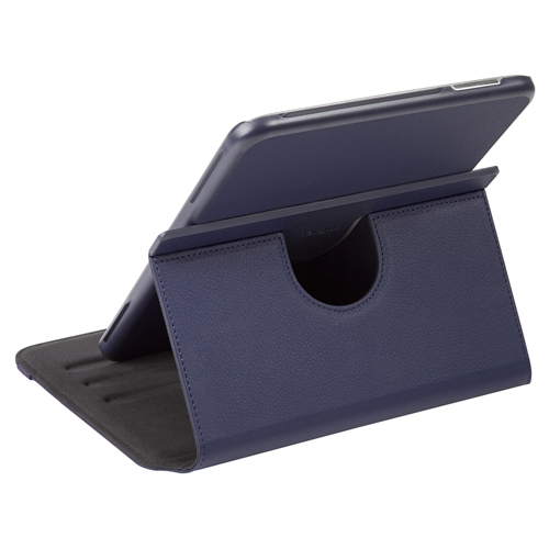 Funda de tableta azul. La tableta está en posición de soporte, textura similar al cuero.
