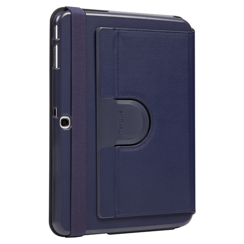Funda de tableta azul marino con correa azul oscuro y marco negro. El logotipo de Targus es visible.