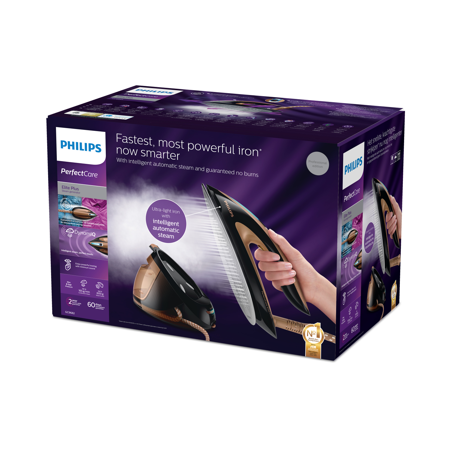 Bir Philips PerfectCare ütü kutusu, bir ütü ve bir kadının eliyle.