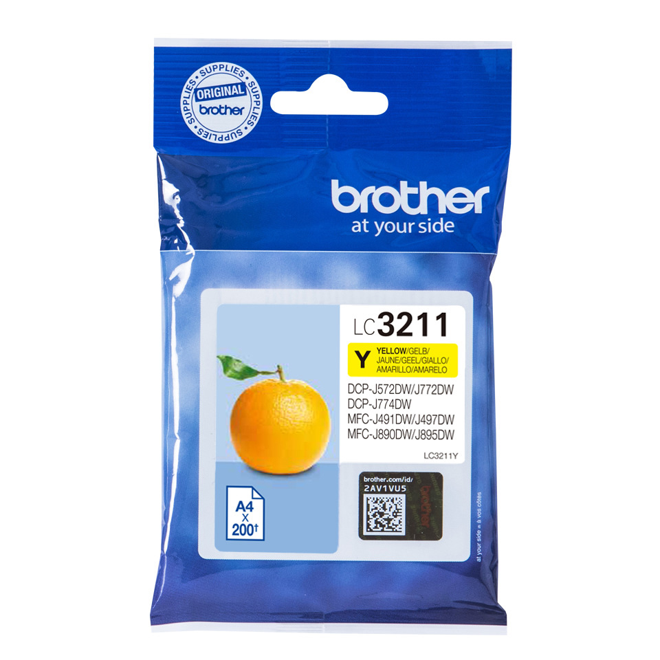 Eine Brother Tintenpatronenverpackung. Sie enthält eine gelbe Patrone mit einem orangefarbenen Bild.
