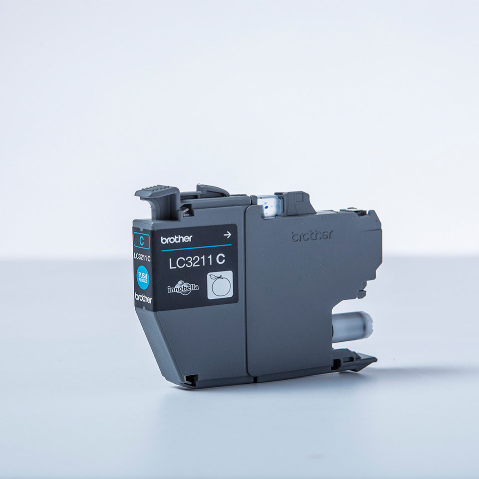 Blaue Brother LC3211C Tintenpatrone, grauer Körper, mit Text und Logo.