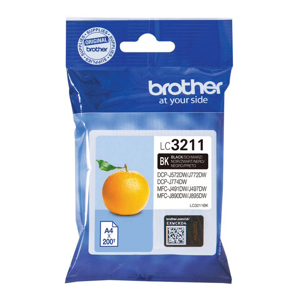 Brother Tintenpatronenverpackung mit Orange und Text. Enthält das Brother-Logo und Produktdetails.