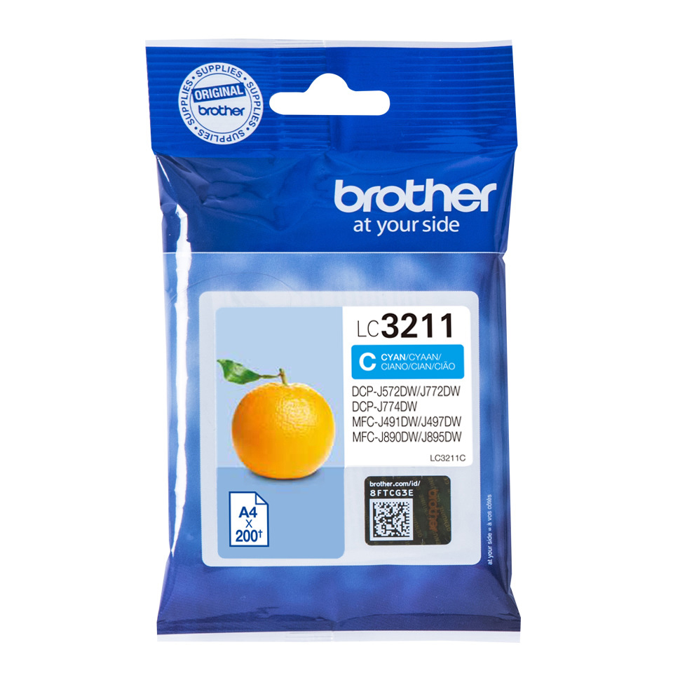 Brother LC3211 Cyan-Tintenpatrone. Auf der Verpackung ist eine Orange abgebildet.
