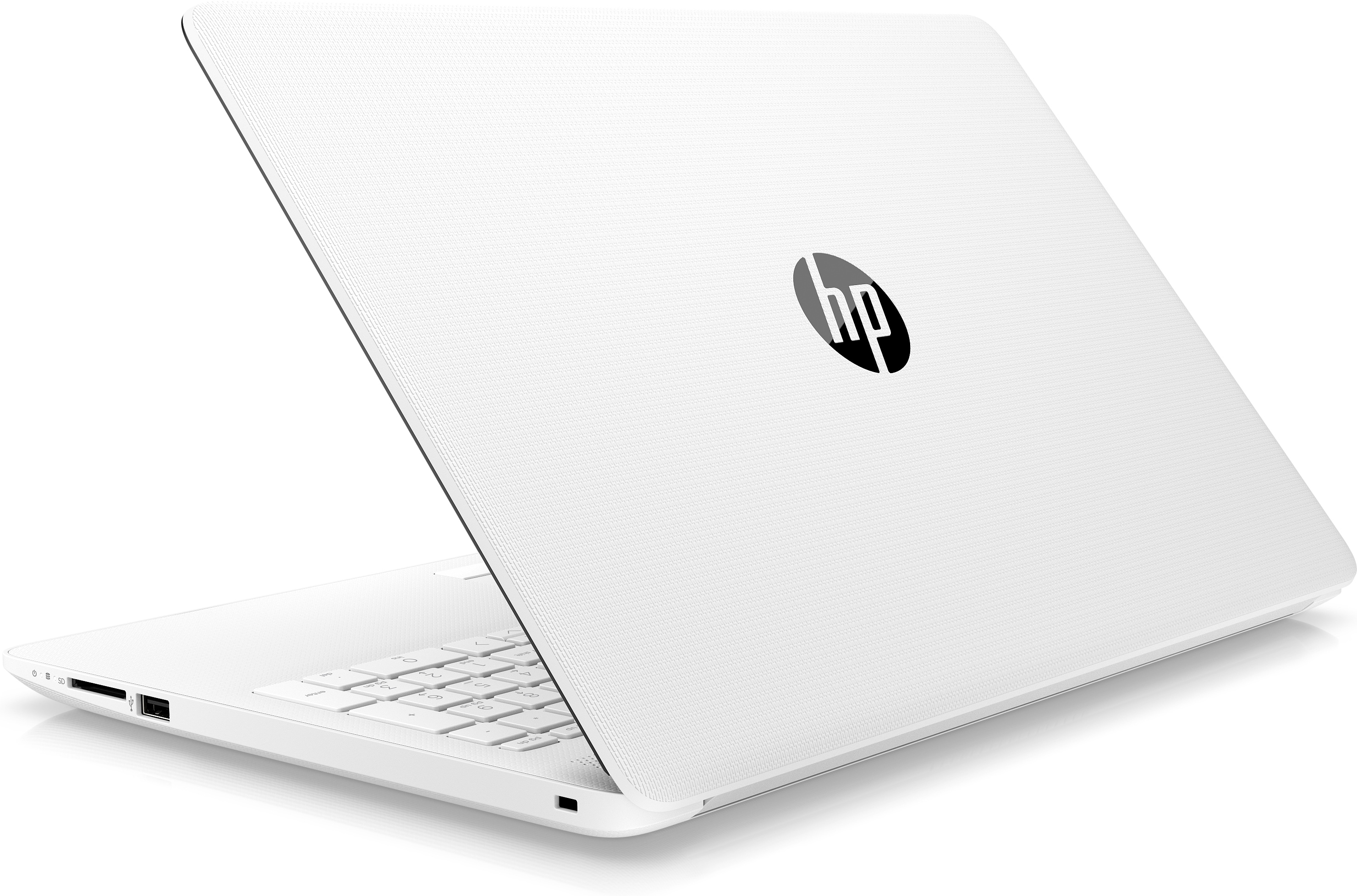 Laptop blanco, abierto, mostrando teclado y logo HP, sobre fondo blanco.
