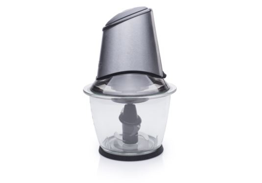 A food chopper with a clear bowl and a gray top. The blade is visible.