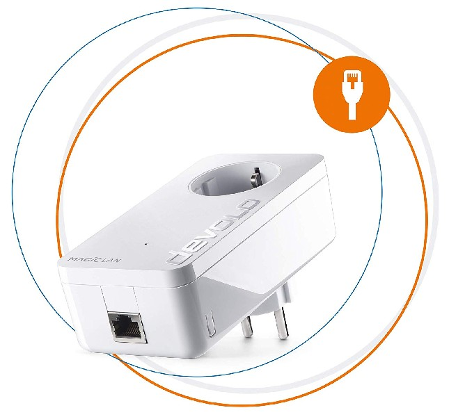 Un dispositivo blanco enchufable con puerto Ethernet, rodeado de círculos naranja y azul.