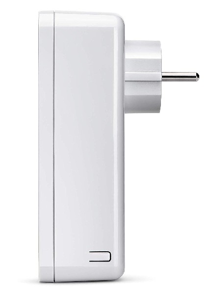 Adaptador de corriente blanco con enchufe. El enchufe tiene dos clavijas. Vista lateral.