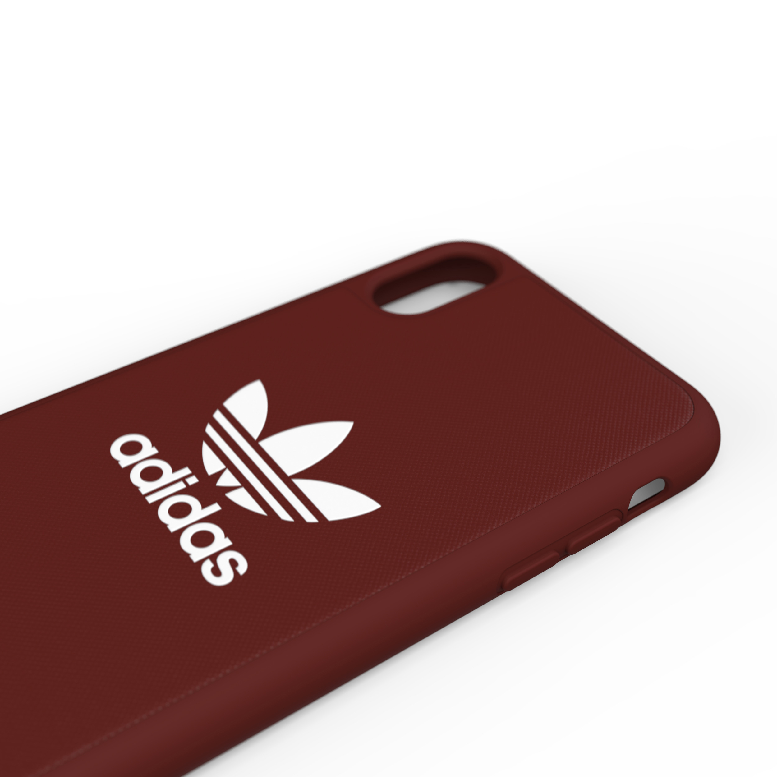 Adidas-Logo auf einer weinroten Handyhülle. Weißes Logo auf der Rückseite.