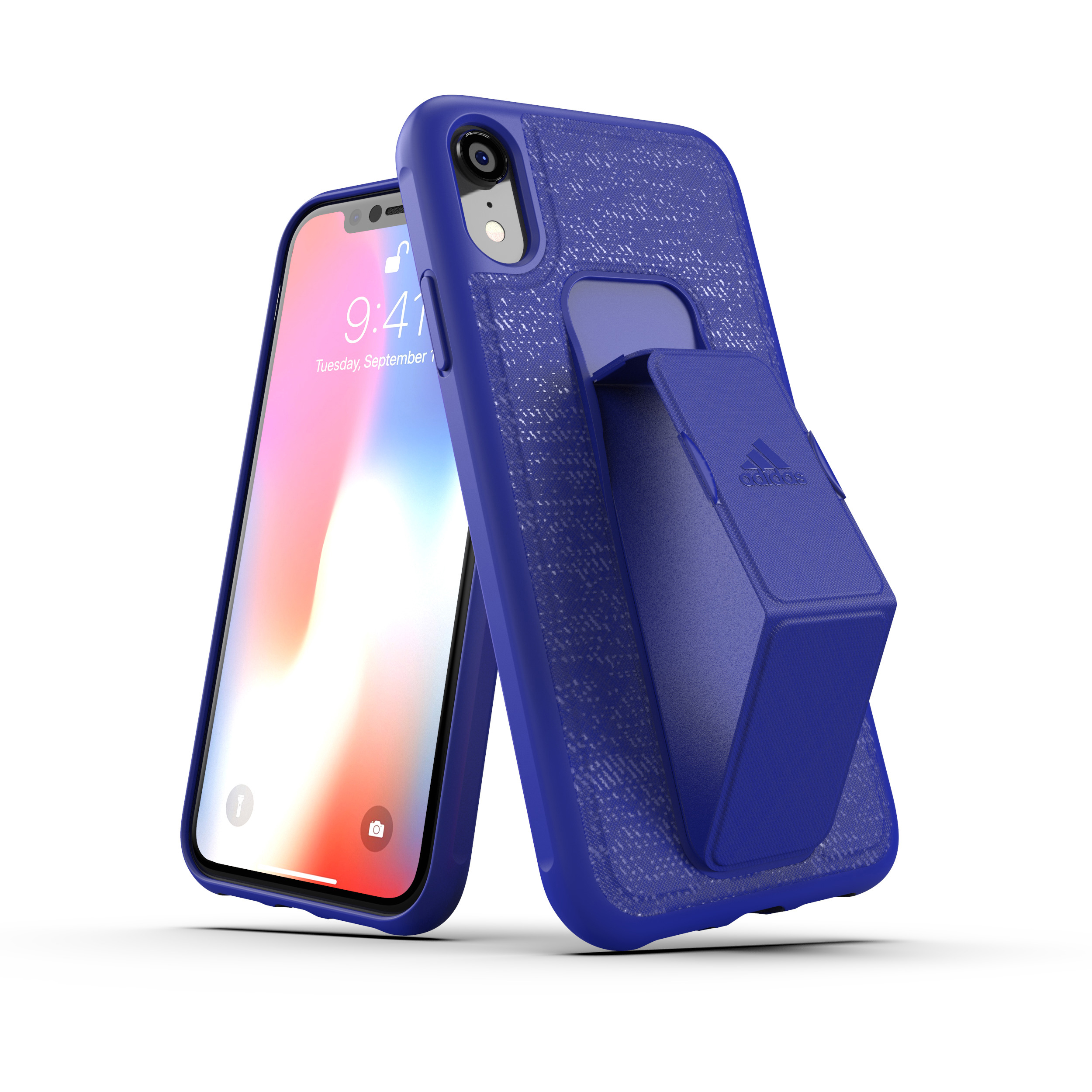 Blaue Adidas Handyhülle mit Telefon darin und einem Ständer.