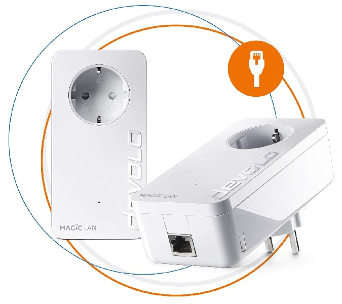 Dos adaptadores LAN Devolo Magic blancos con un icono de cable de red.