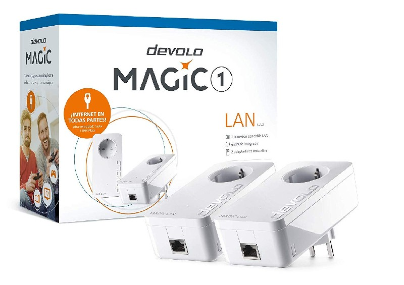 Una caja con un kit de adaptador de línea eléctrica con dos adaptadores y una caja con una imagen de personas usando el producto.