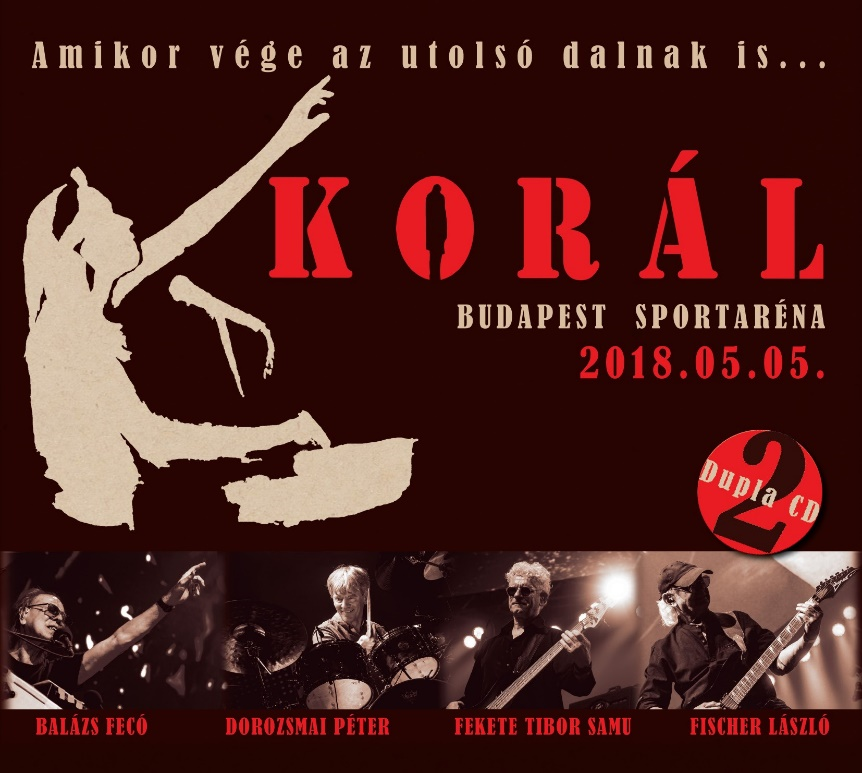 Korál koncert plakát, együttes tagokkal, piros-fehér színvilág.