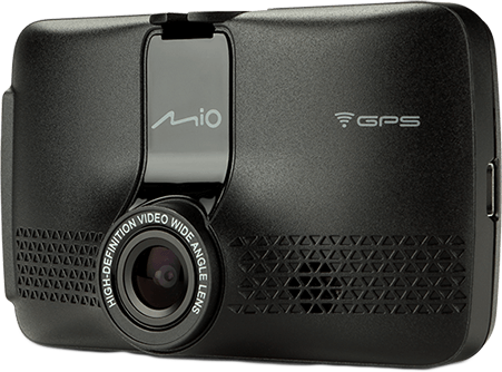 Fekete Mio dashcam lencsével, GPS-szel és Mio logóval.