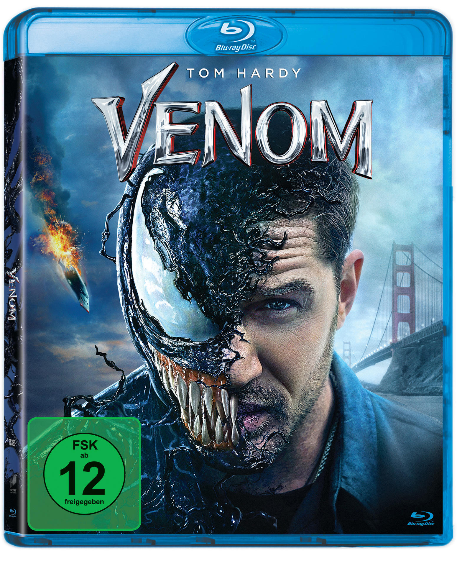 Venom Blu-ray-Hülle. Tom Hardys Gesicht ist geteilt und zeigt Venom und menschliche Gesichter.