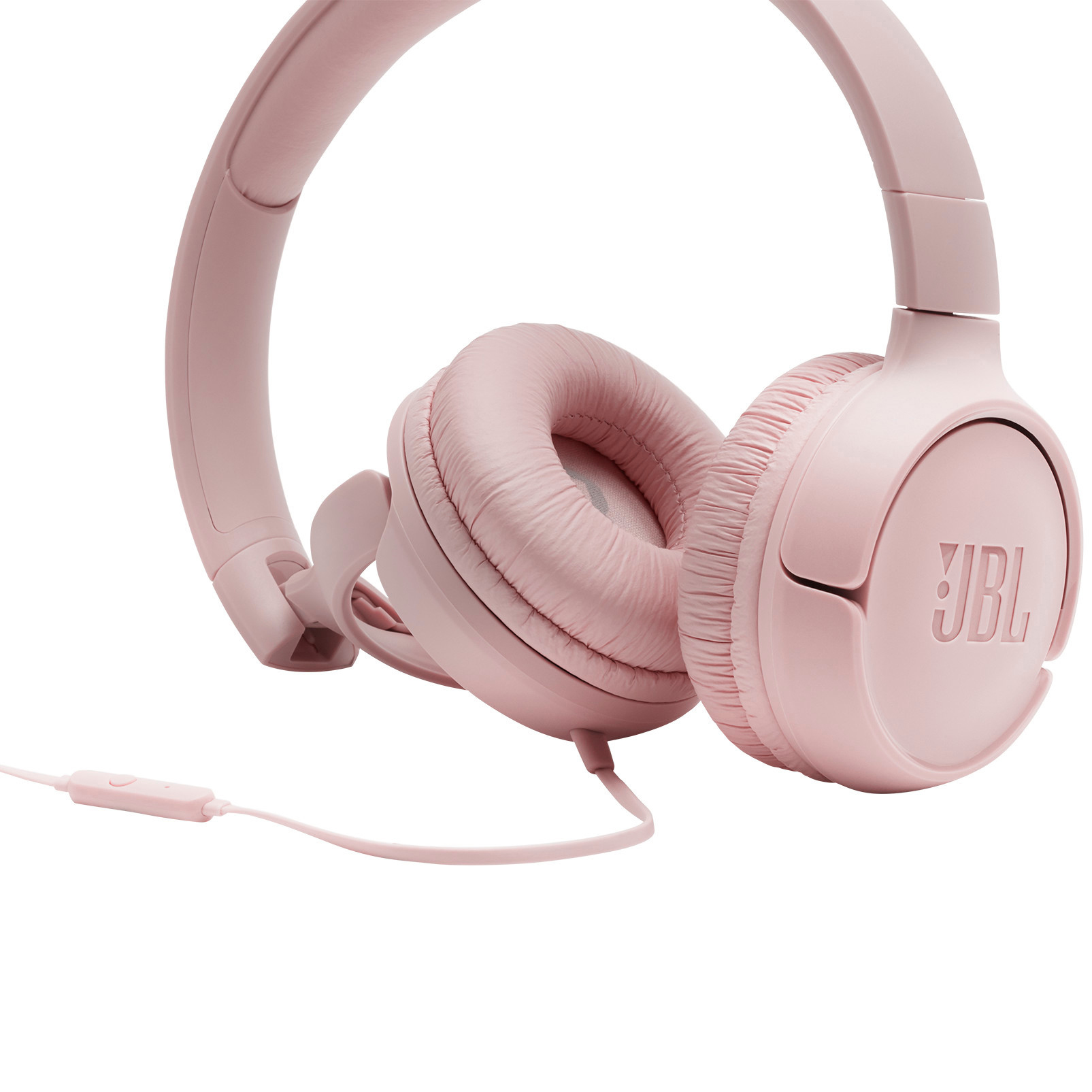Rosa JBL-Kopfhörer mit Kabel und Steuertaste, isoliert auf weißem Hintergrund.